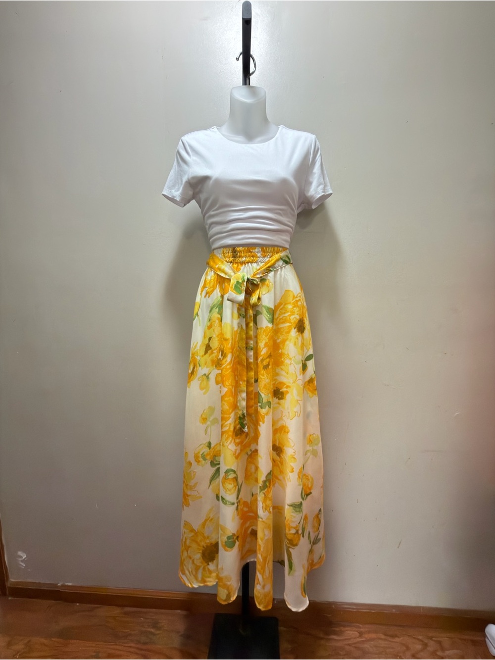 Yellow Floral Maxi Skirt with Tie Waist